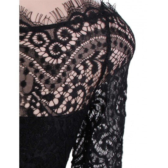 Black Delicate Floral Lace Low Hem Evening Dress