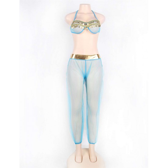 Blue India Style Sexy Bralette Lingerie Set With Golden Paillette