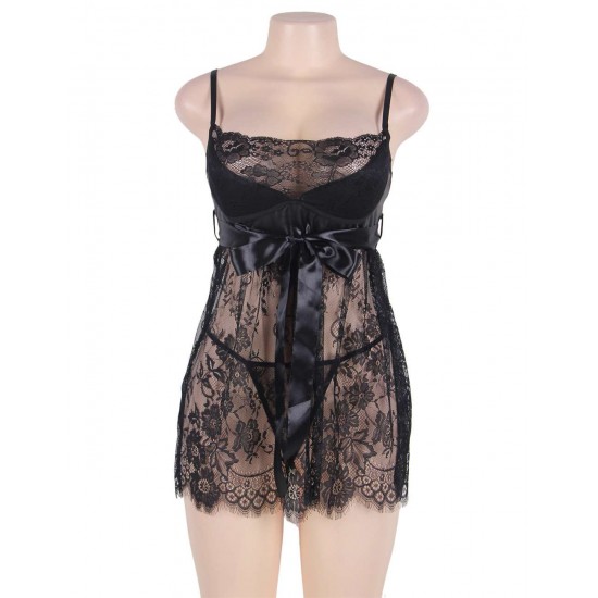 Plus size sexy black eyelash trim lace babydoll set