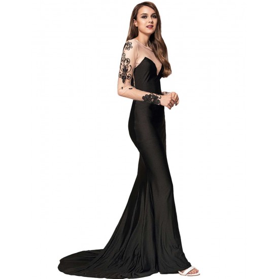 Black Delicate Long Sleeve Embroidery Flower Party Gown