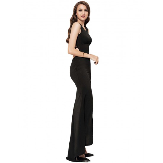 Black Simple Straps Backless Slit Party Gown