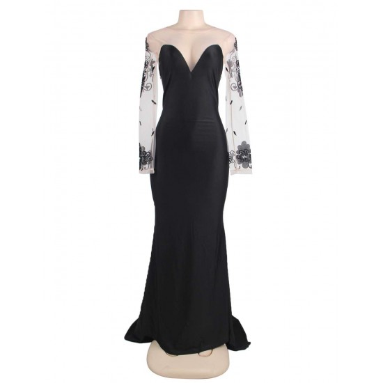 Black Delicate Long Sleeve Embroidery Flower Party Gown