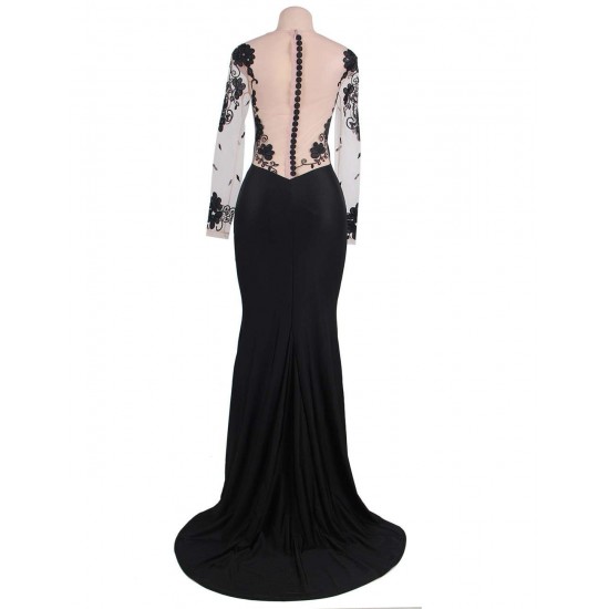 Black Delicate Long Sleeve Embroidery Flower Party Gown