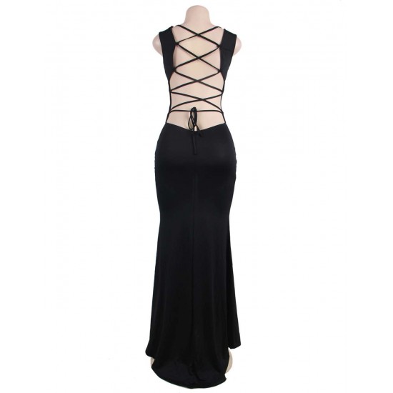 Black Simple Straps Backless Slit Party Gown