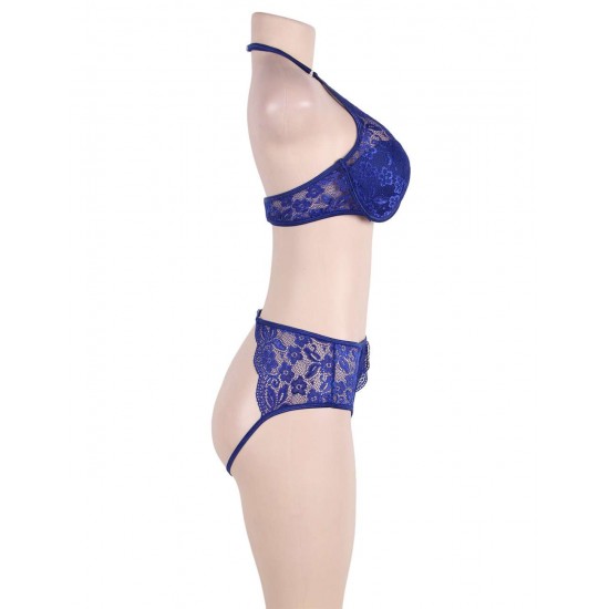 Blue Lace Rim Keyhole Bra Set With Bra Pad