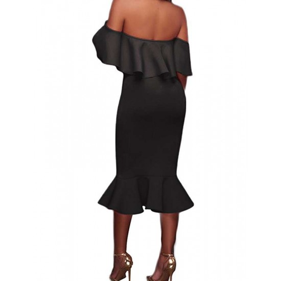 Plus Size Ruffle Off-Shoulder Midi Black Bodycon Dress