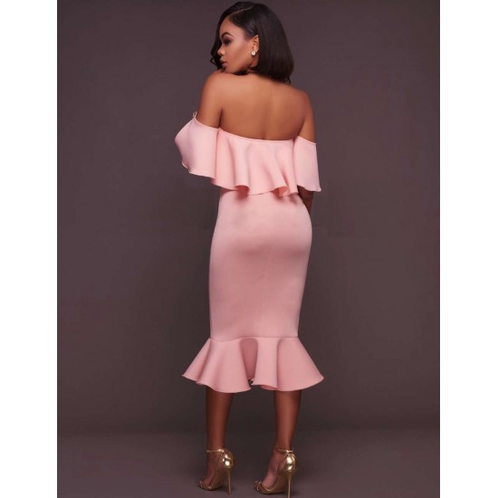 Pink Ruffle Off-Shoulder Mermaid Bodycon Dress