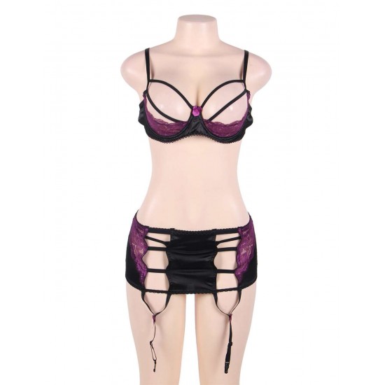 Purple And Black 3 Pcs Open Bust Bra Set With Bra Rim