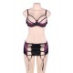 Purple And Black 3 Pcs Open Bust Bra Set With Bra Rim