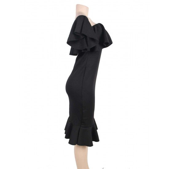 Plus Size Ruffle Off-Shoulder Midi Black Bodycon Dress