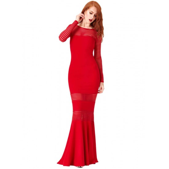 Red Stripe Fishtail Long Sleeve Evening Dress