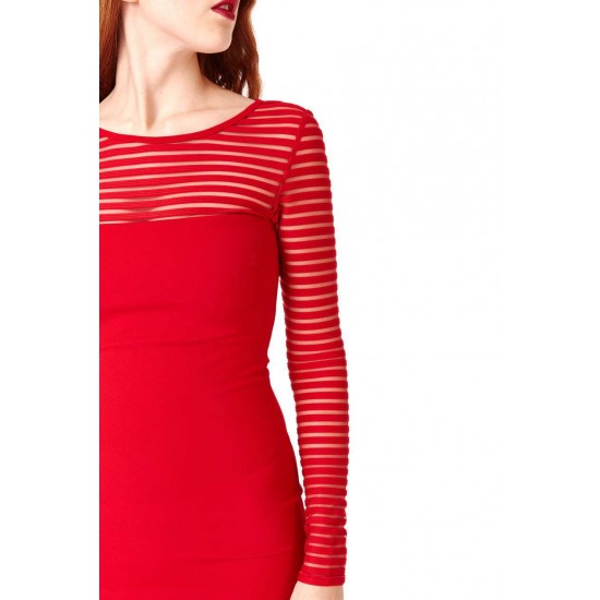 Red Stripe Fishtail Long Sleeve Evening Dress