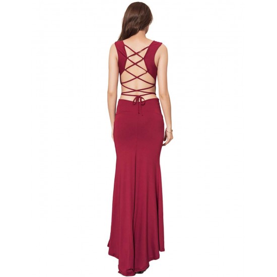 Red Croch Straps Back  Slit Party Gown