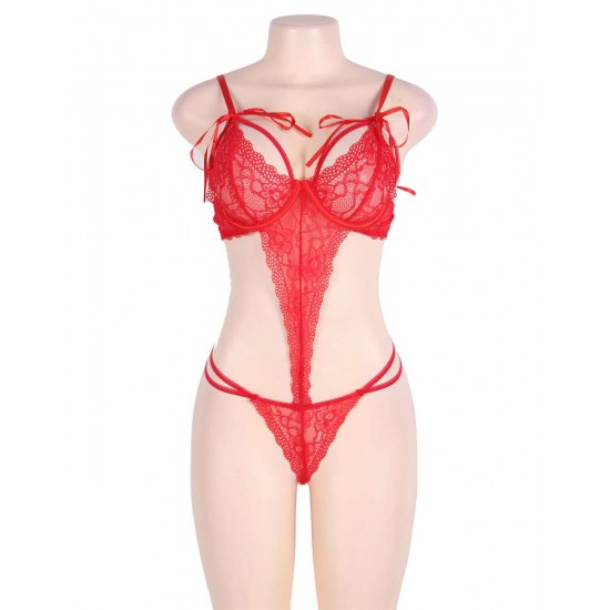 Red Love Affair Scalloped Lace Teddy Lingerie