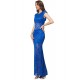 Blue Lace Backless Short Sleeve Party Gown