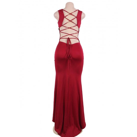 Red Croch Straps Back  Slit Party Gown