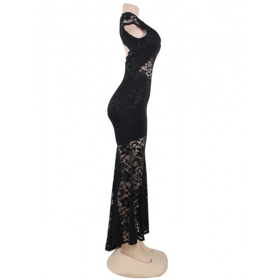 Short Sleeve Black Lace Backless Party Gown