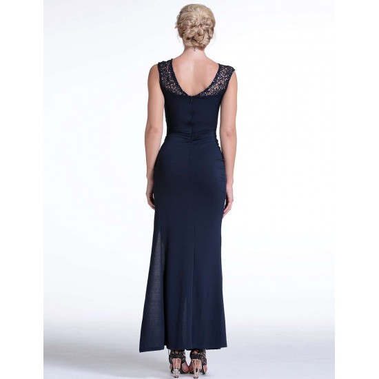 Elegant Purplish Blue Side Lace Detail Maxi Dress