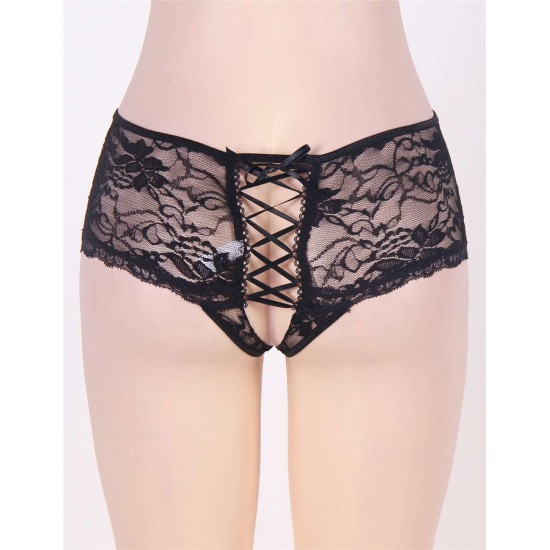 Black Open Crotch Floral Lace Panty