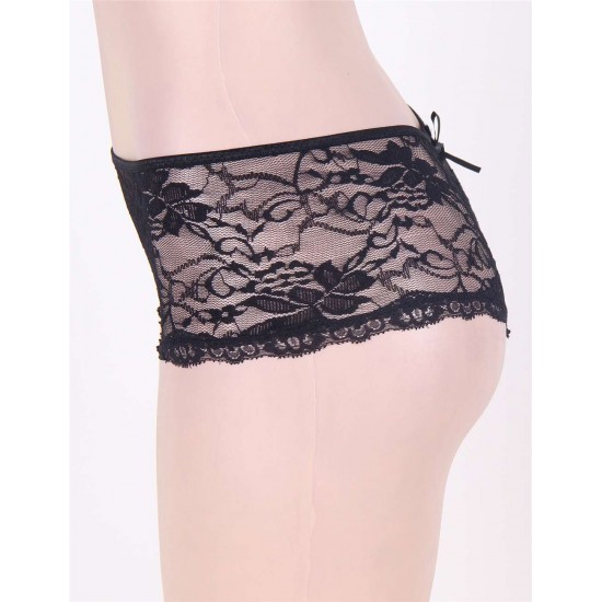 Black Open Crotch Floral Lace Panty