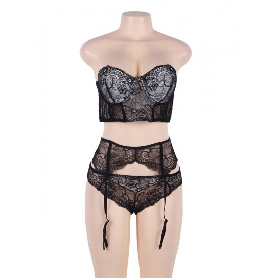 Seductive Black 3 Piece Delicate Lace Bra Garter Set