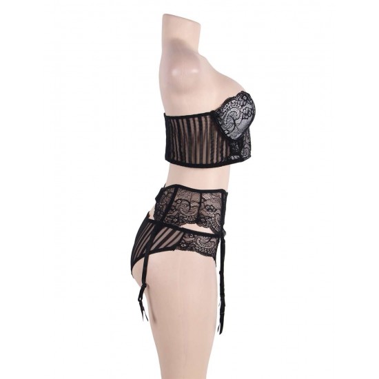 Seductive Black 3 Piece Delicate Lace Bra Garter Set