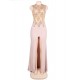 Plus Size Apricot Floral Mesh Lace Overlay Sleeveless Party Dress