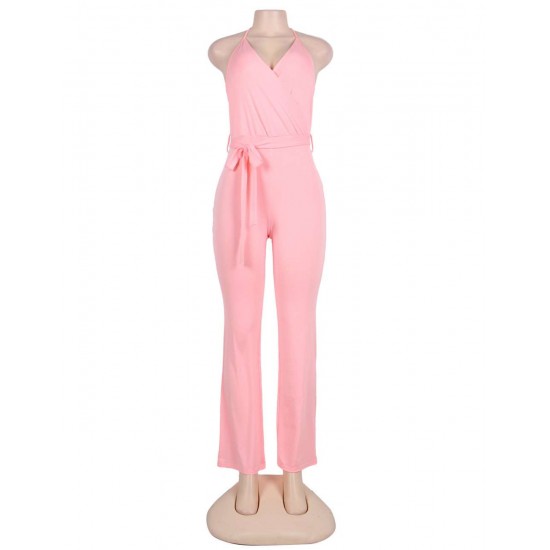 Pink Wide Leg Halter Jumpsuit