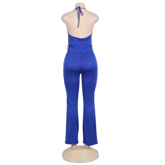 Blue Wide Leg Halter Jumpsuit