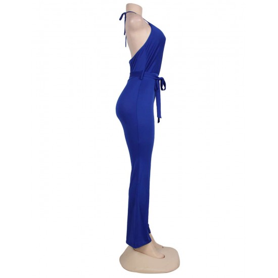 Blue Wide Leg Halter Jumpsuit