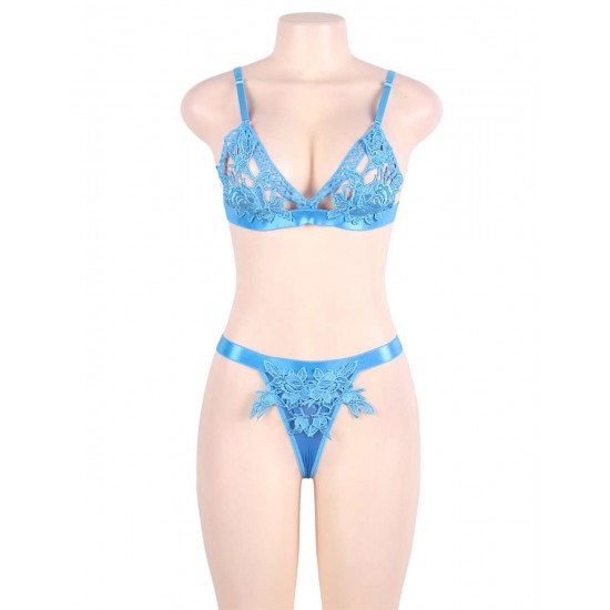 Plue size Blue Lace Crochet Hook Bralette Lingerie Set