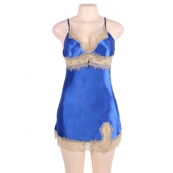 Deluxe Satin Lace Stitching Blue Babydoll