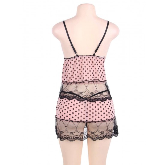 Sweet Polka Dots Lace Stitching Pink Babydoll