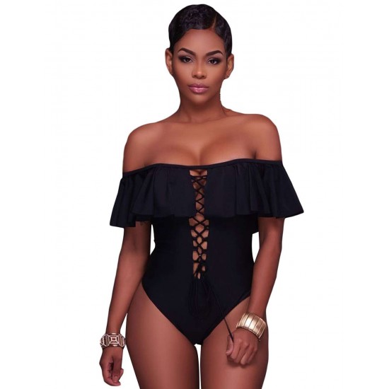 Ruffle Off-The-Shoulder One Piece Black Swimsuit