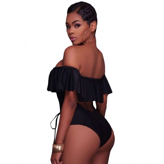 Ruffle Off-The-Shoulder One Piece Black Swimsuit