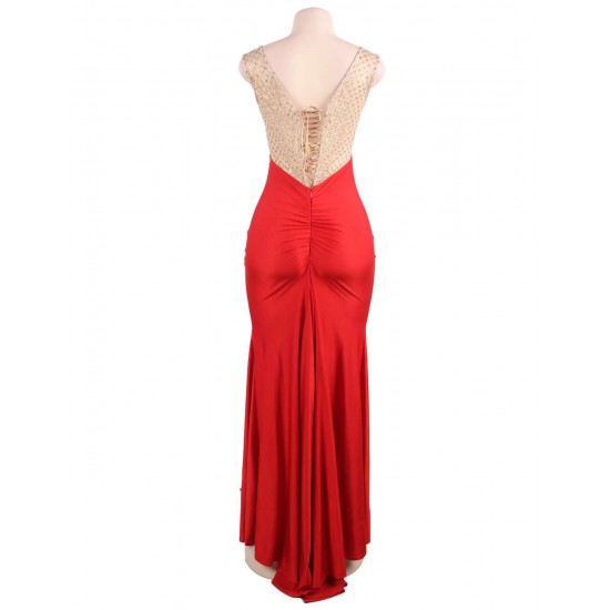 Amazing Gold Lace Red Slit Evening Gown