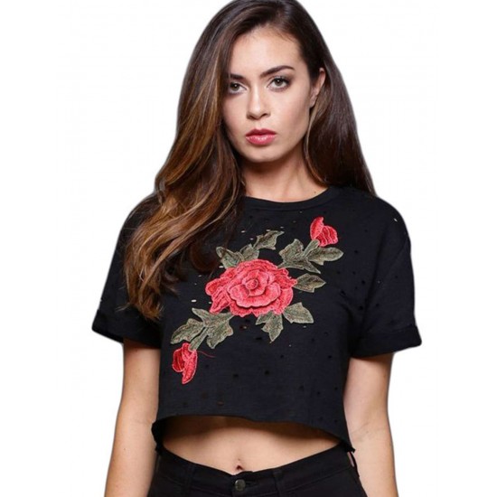 Rose Embroidered Black Crop Top