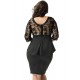 Plus Size Three Quarters Sleeve Embroidery Black Peplum Dress