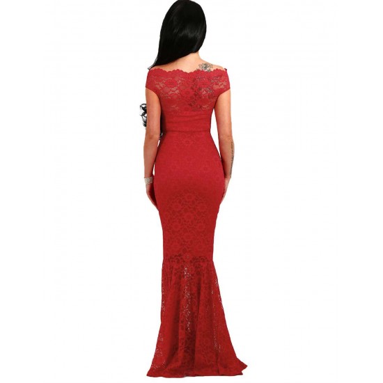 Red Lace Elegant Fishtail Maxi Party Gown