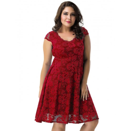 Plus Size Lace Elegant Round Neck Red Bodycon Dress