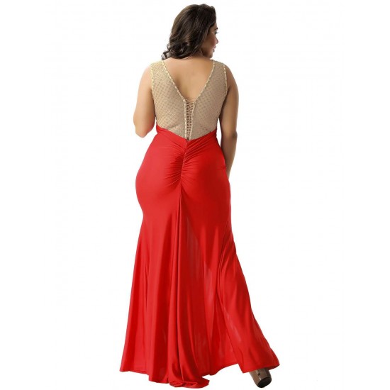 Plus Size Amazing Gold Lace Red Slit Evening Gown