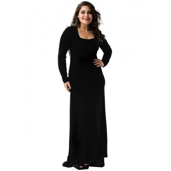 Plus Size Black Long Sleeve Pattern Back Sheer Prom Dress