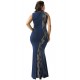 Plus Size Lace Panel Ruffle Dark Blue Maxi Dress