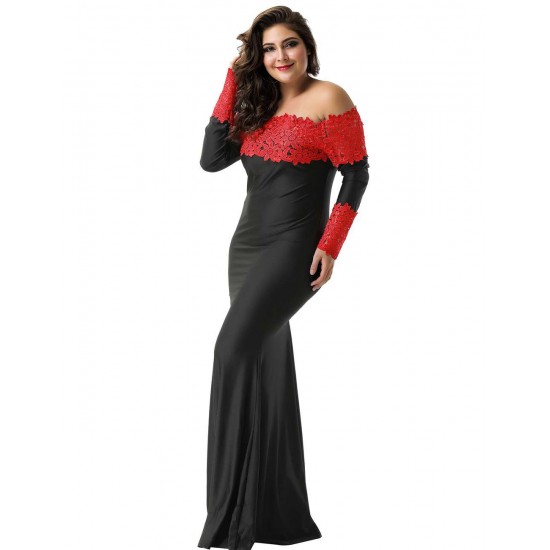 Plus Size Boat Neck Red Lace Evening Gown