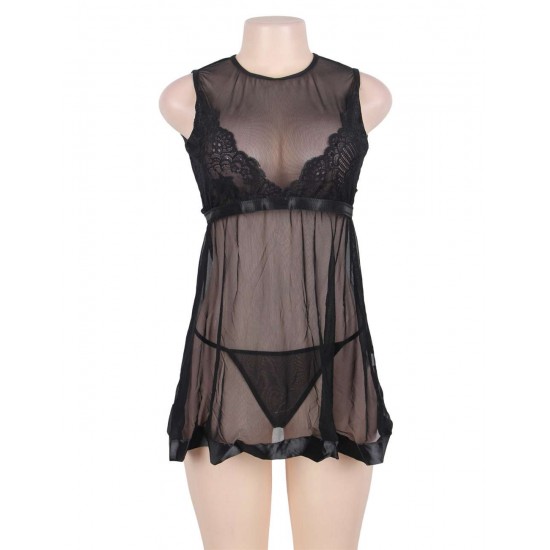 Black Sheer Mesh Babydoll Lingerie Set With G String