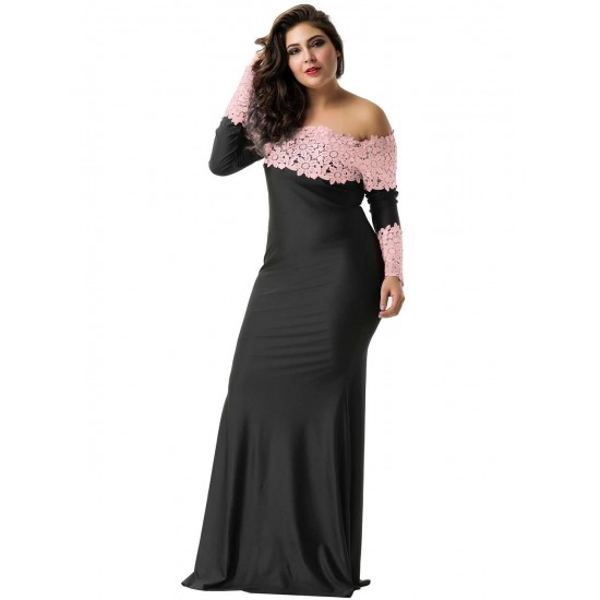 Plus Size Boat Neck Pink Lace Evening Gown