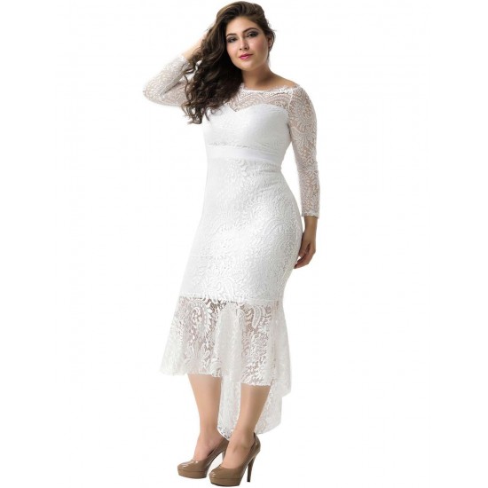 Plus Size Elegant Lace Hi-low White Evening Dress