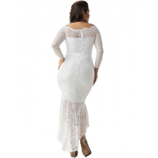 Plus Size Elegant Lace Hi-low White Evening Dress