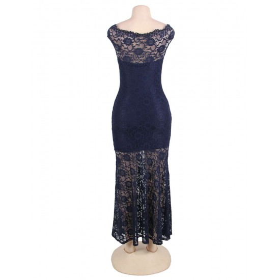 Plus Size Dark Blue Lace Elegant Party Gown