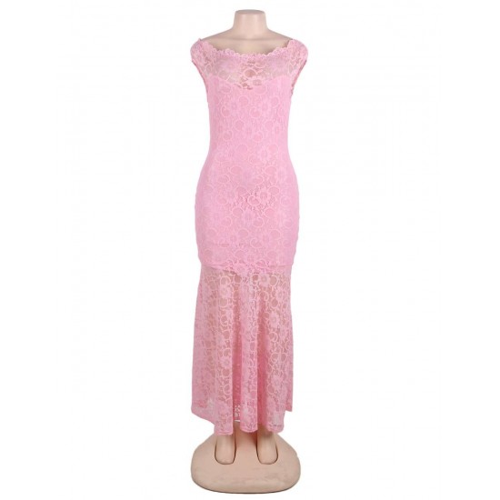 Pink Lace Elegant Fishtail Maxi Party Gown